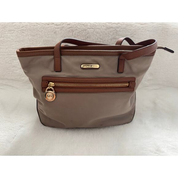 Michael Kors Kempton Beige Nylon Brown Leather Tote HandBag - Picture 1 of 9